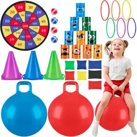 34PCS Carnival Games Combo Set,Dart Board Games Knock Down Can Games Plastic Cones Ring Bean Bag Toss Game Party Games with 2 PCS 23" Hopper Balls,Birthday Party Yard Lawn Games