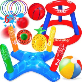 90shine 3 Sets Pool Toys Games for Adults and Family - Floating Basketball Hoop&Inflatable Ring Toss&Beach Ball for Kids Swimming Water Fun Floats Accessories