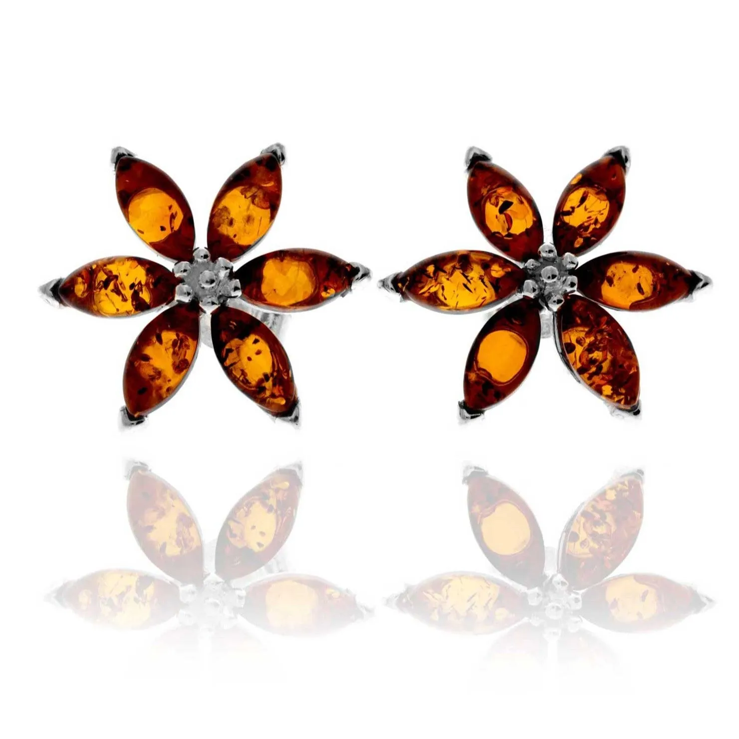 925 Sterling Silver & Genuine Baltic Amber Large Flowers Studs Earrings - 5281