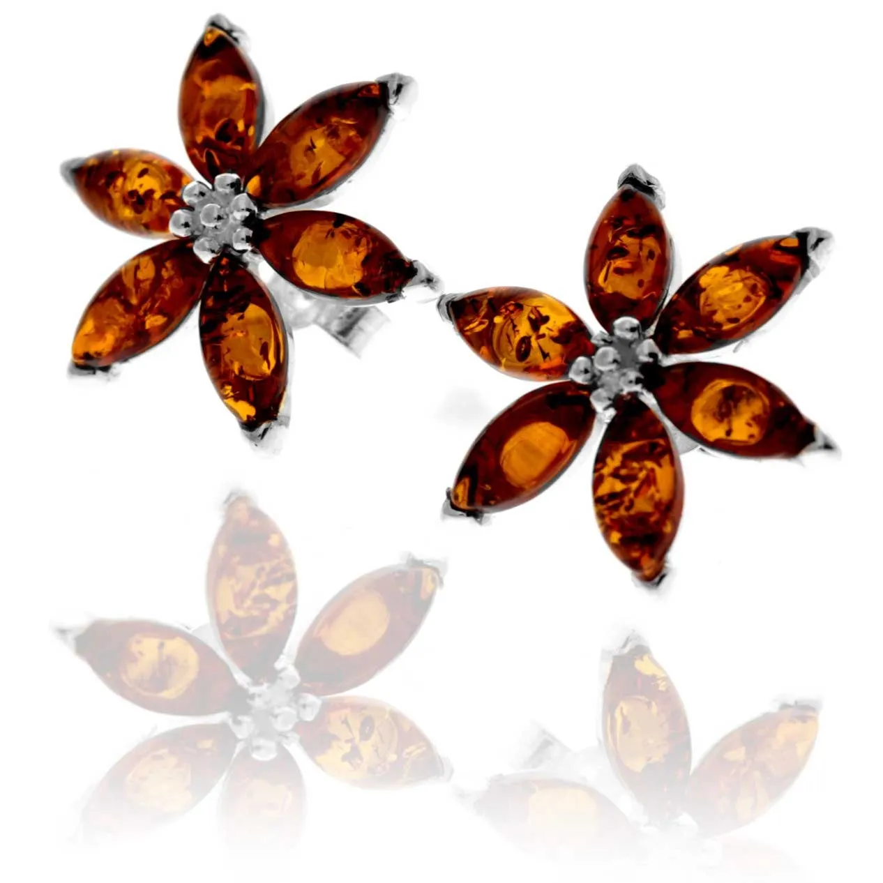 925 Sterling Silver & Genuine Baltic Amber Large Flowers Studs Earrings - 5281