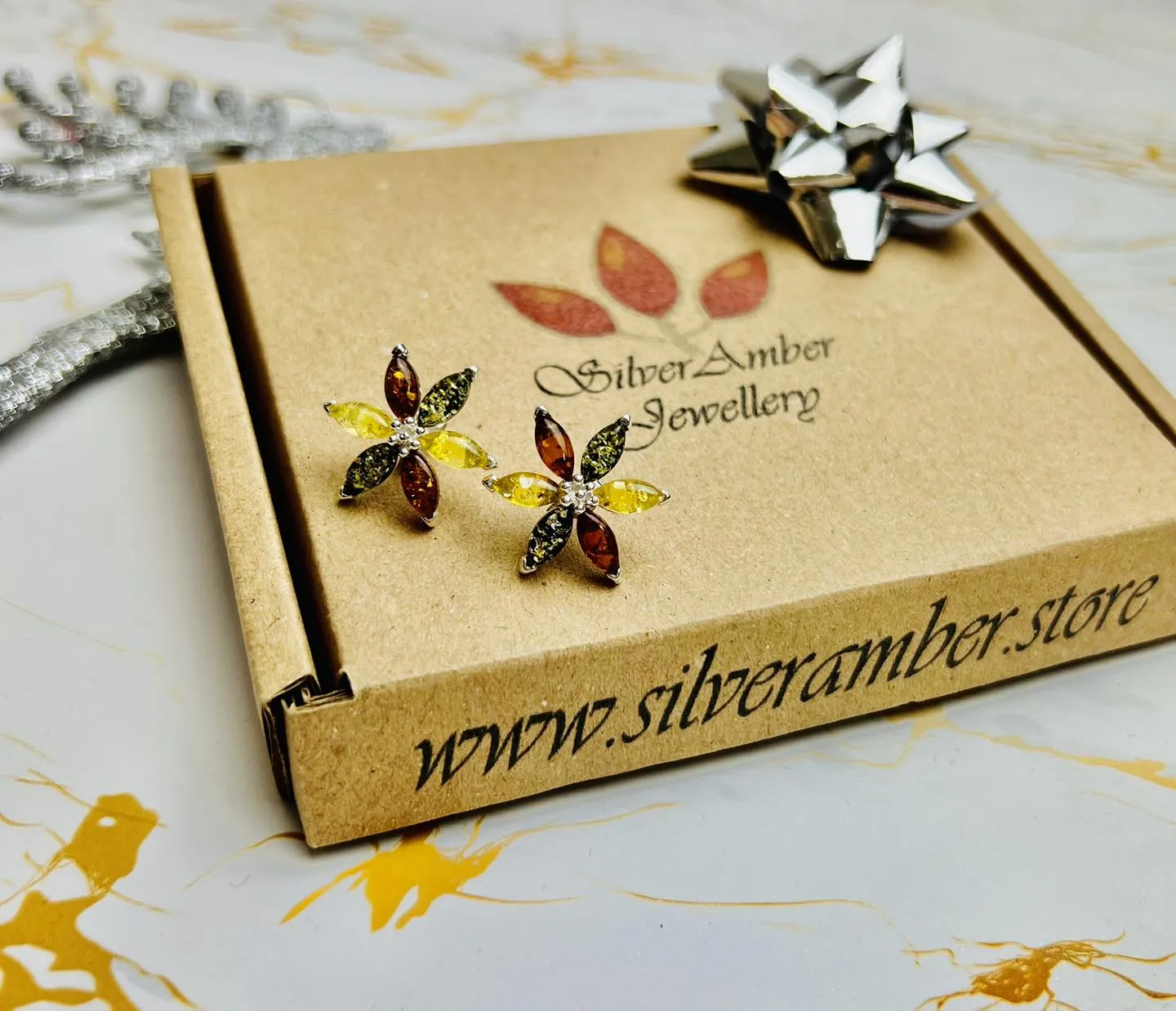 925 Sterling Silver & Genuine Baltic Amber Large Flowers Studs Earrings - 5281