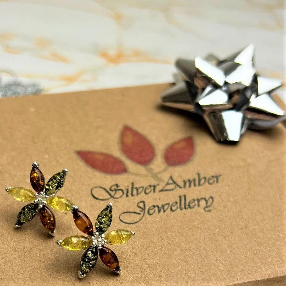 925 Sterling Silver & Genuine Baltic Amber Large Flowers Studs Earrings - 5281