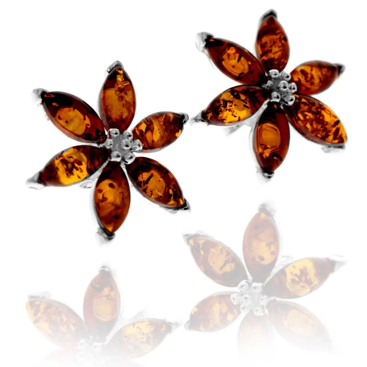 925 Sterling Silver & Genuine Baltic Amber Large Flowers Studs Earrings - 5281