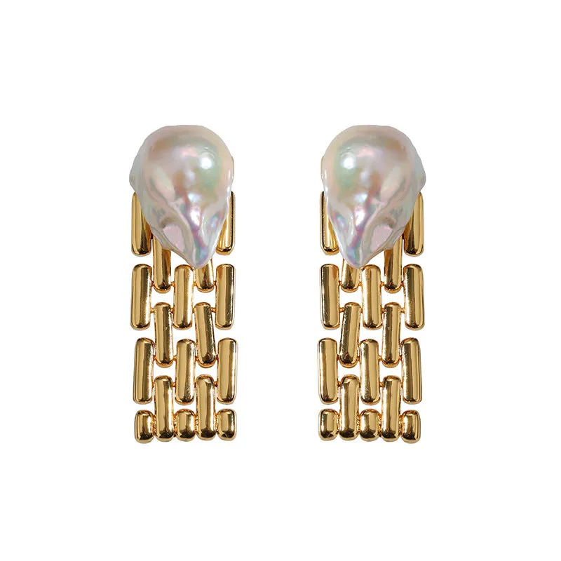 Baroque Pearl Long Tassel Watch Chain Earrings