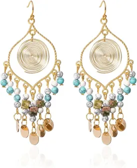 Bohemian Long Tassel Turquoise Beads Water Drop Dangle Earrings For Women Vintage Sbb Copper Coil Necklace Mujer Exaggerated Earring