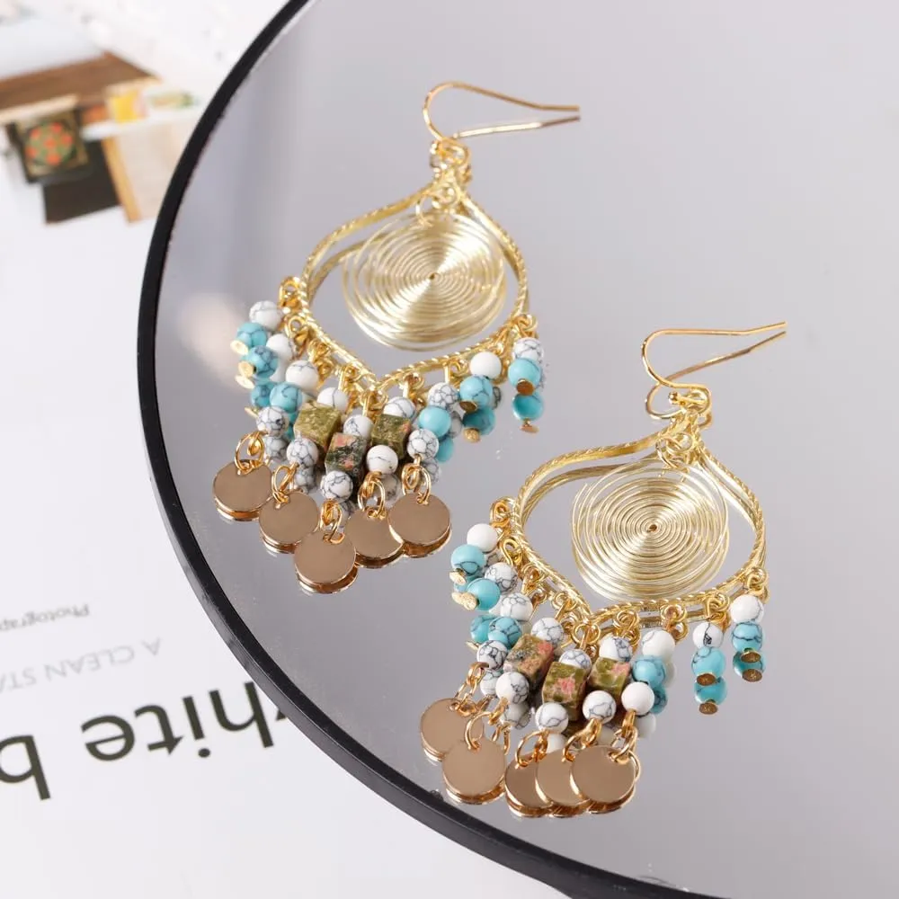 Bohemian Long Tassel Turquoise Beads Water Drop Dangle Earrings For Women Vintage Sbb Copper Coil Necklace Mujer Exaggerated Earring