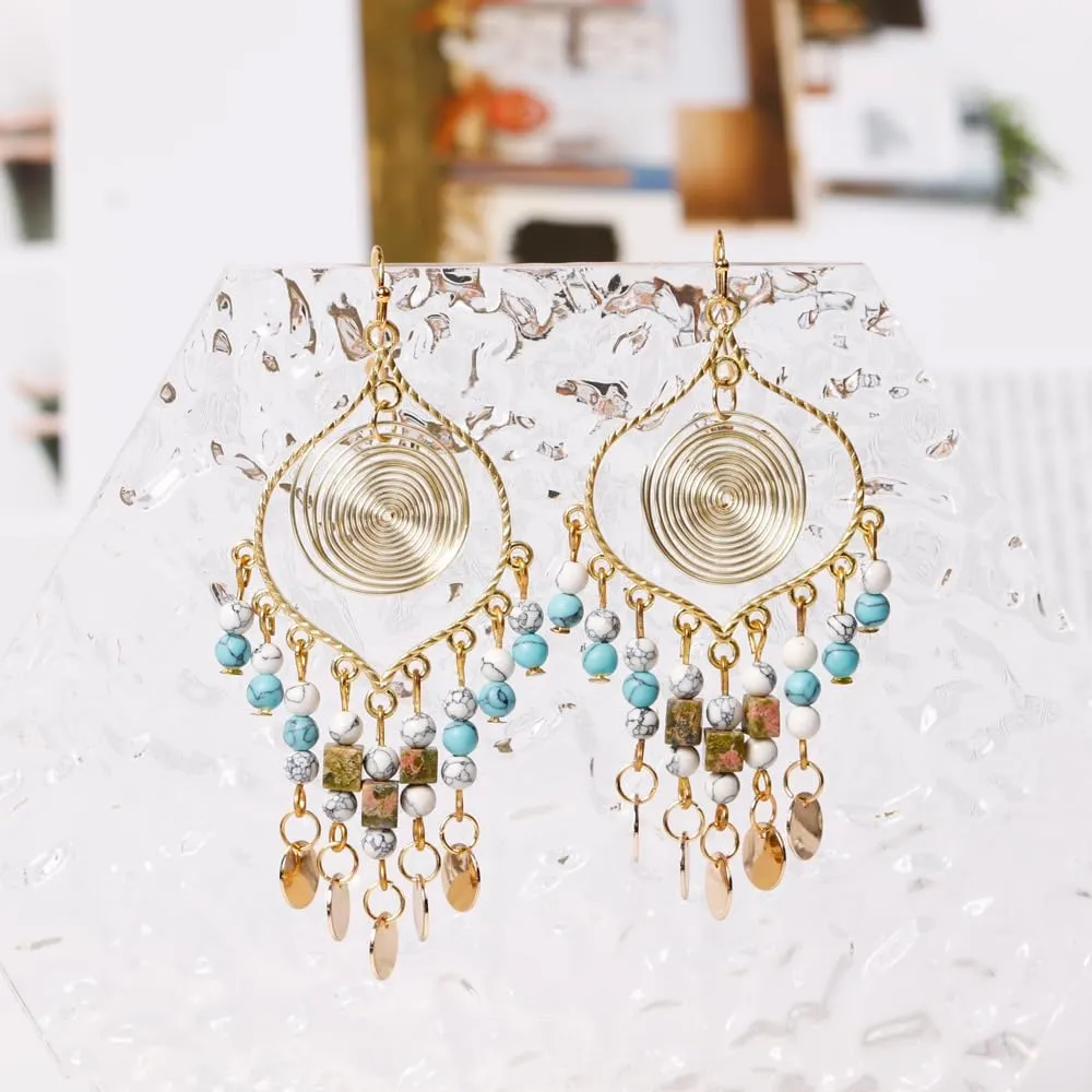 Bohemian Long Tassel Turquoise Beads Water Drop Dangle Earrings For Women Vintage Sbb Copper Coil Necklace Mujer Exaggerated Earring