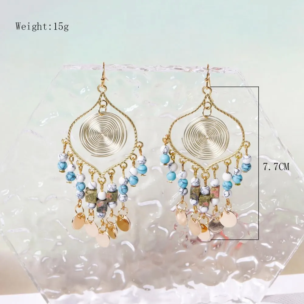 Bohemian Long Tassel Turquoise Beads Water Drop Dangle Earrings For Women Vintage Sbb Copper Coil Necklace Mujer Exaggerated Earring