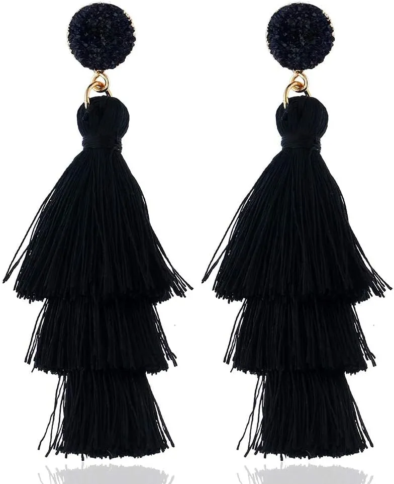 Boho Statement Tassel Earrings - Clip On Feather Dangling Fringe Earrings for Women - Non Piercing Jewelry for Vacation, Beach, Bride, Bachelorette, Costume, Prom