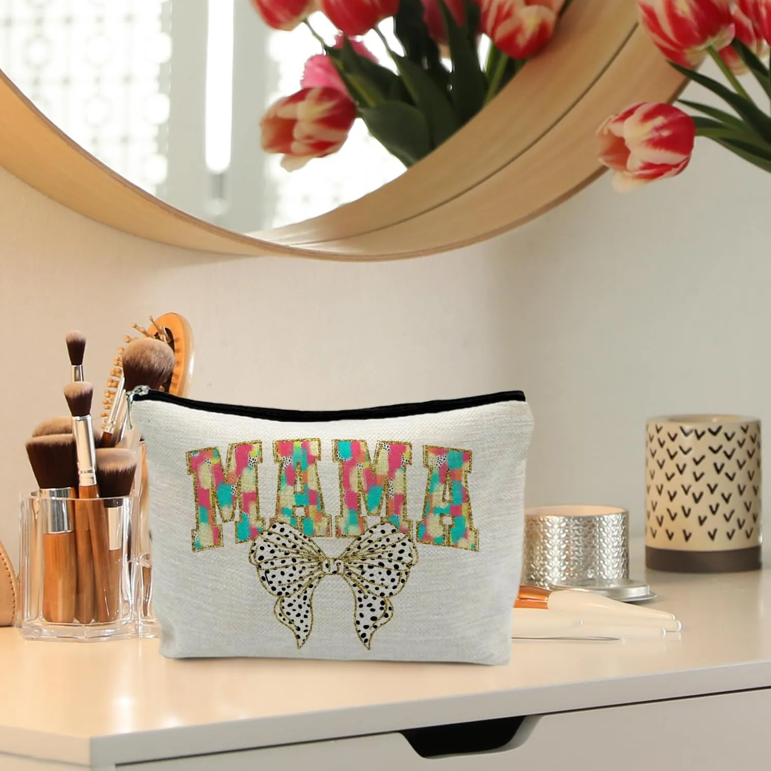 Bow Mama Makeup Bag, Mom Gifts Cosmetic Bags for Women, Mama Makeup Zipper Pouch, Mama Mom Gifts from Daughters Sons, Mothers Day Gifts for Mom