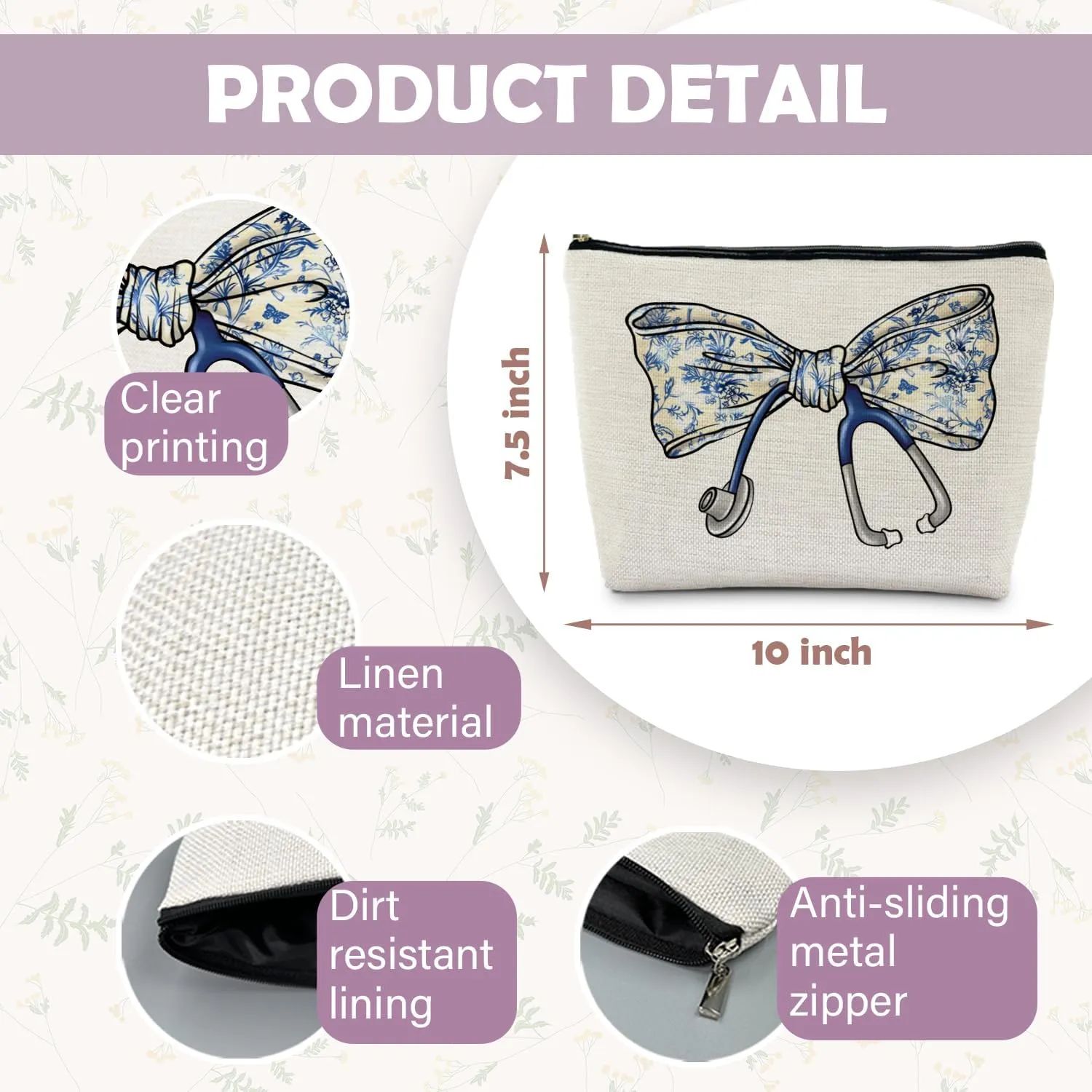 Chinoiserie Coquette Bow Stethoscope Nurse Makeup Bag, Nurse Gifts for Women Cosmetic Bags, Nurse Week Gifts Makeup Pouch, Nurse Appreciation Gifts Zipper Pouch