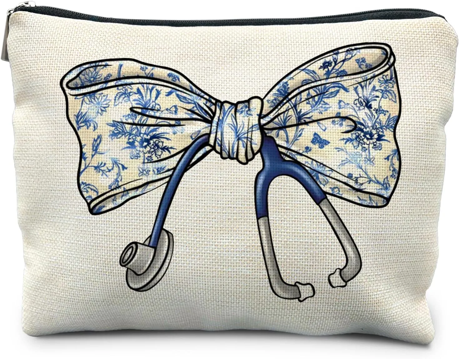 Chinoiserie Coquette Bow Stethoscope Nurse Makeup Bag, Nurse Gifts for Women Cosmetic Bags, Nurse Week Gifts Makeup Pouch, Nurse Appreciation Gifts Zipper Pouch
