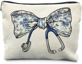 Chinoiserie Coquette Bow Stethoscope Nurse Makeup Bag, Nurse Gifts for Women Cosmetic Bags, Nurse Week Gifts Makeup Pouch, Nurse Appreciation Gifts Zipper Pouch