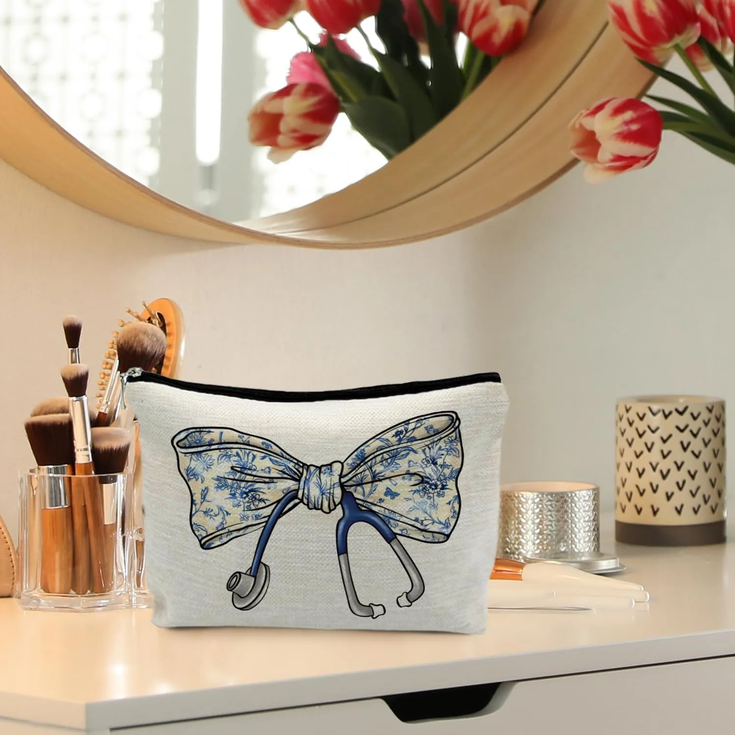 Chinoiserie Coquette Bow Stethoscope Nurse Makeup Bag, Nurse Gifts for Women Cosmetic Bags, Nurse Week Gifts Makeup Pouch, Nurse Appreciation Gifts Zipper Pouch