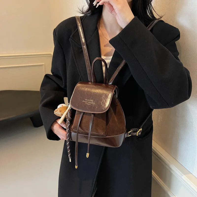 Claret Vintage Suede Women's Mini Backpack - New Fashionable Travel Book Bag with Decorative Charm