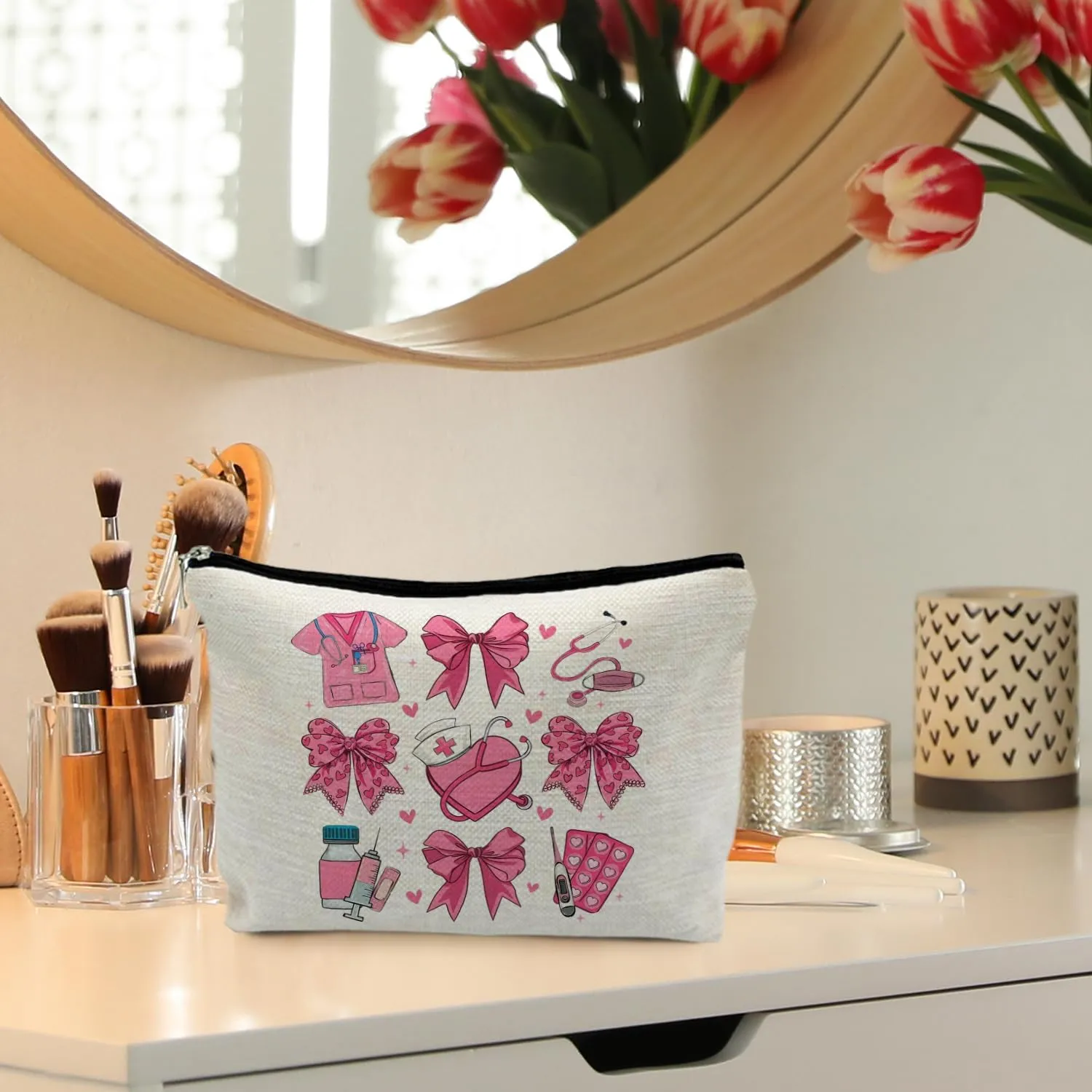 Coquette Pink Bow Nurse Makeup Bag, Nurse Gifts for Women Cosmetic Bags, Nurse Week Gifts Makeup Pouch, Nurse Appreciation Gifts Zipper Pouch