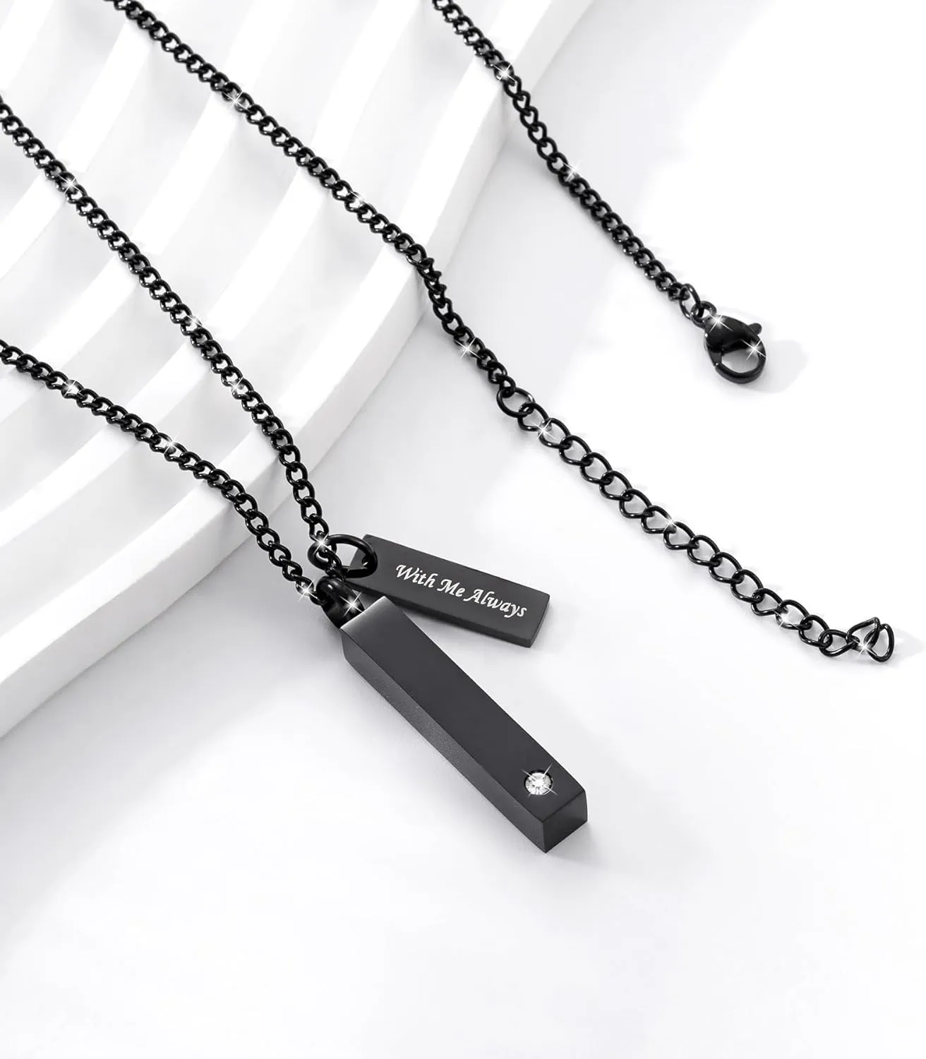 Crystal Black Cremation Jewelry for Ashes Silver Urn Necklace for Ashes, Birthstone Cube Urns Memorial Ashes Necklace Pendant Keepsake, Cremation Urn Jewelry Bar Locket With CZ