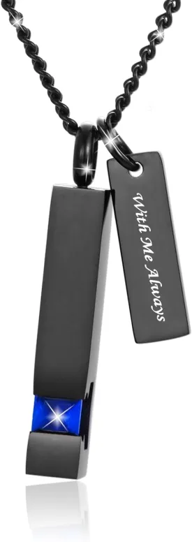 Crystal Black Cremation Jewelry for Ashes Silver Urn Necklace for Ashes, Birthstone Cube Urns Memorial Ashes Necklace Pendant Keepsake, Cremation Urn Jewelry Bar Pendant With CZ