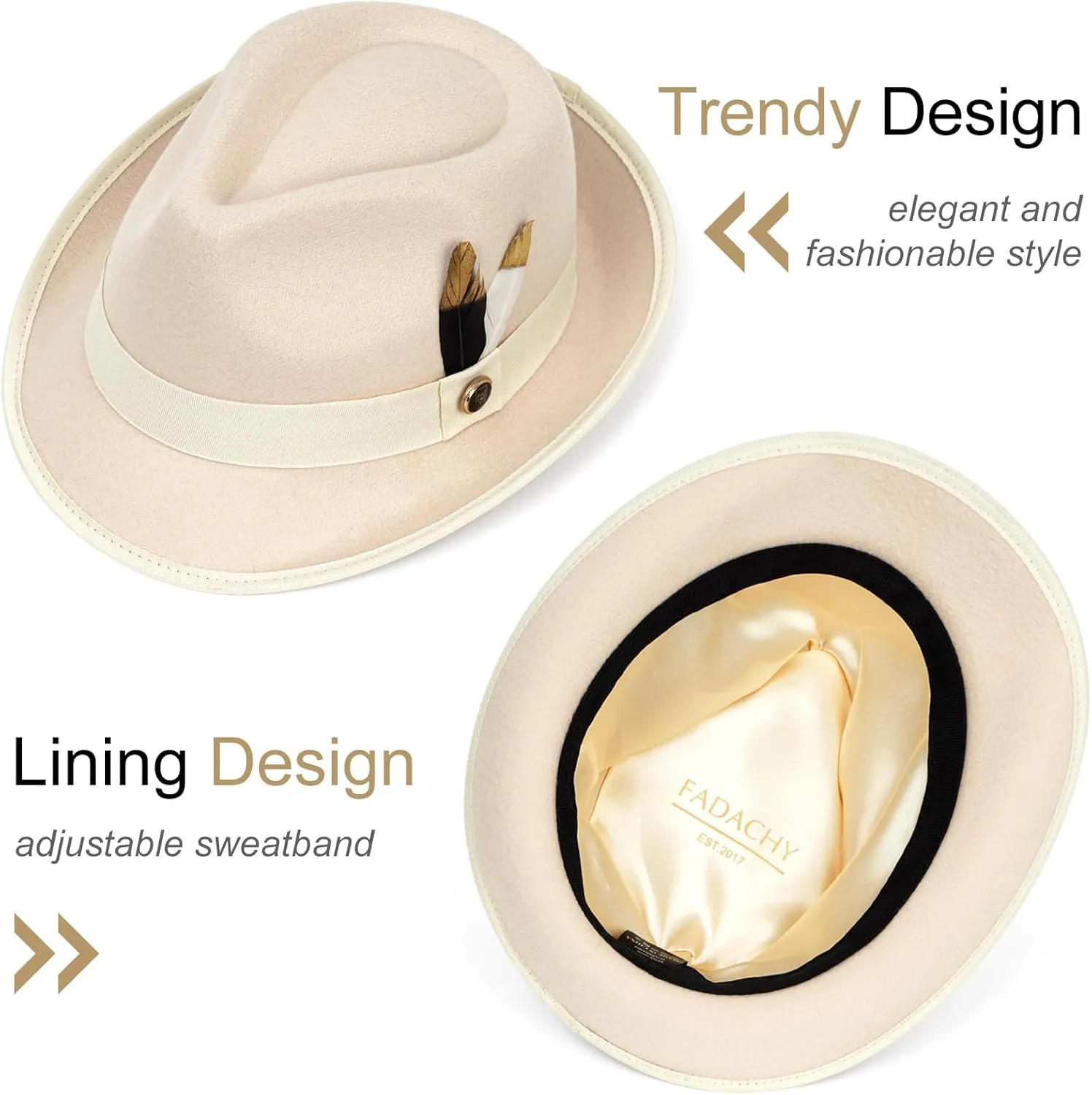 FADACHY Fedora Hats for Men & Women Short Brim Felt hat Trilby Fedora with Feather Panama Dress Hat