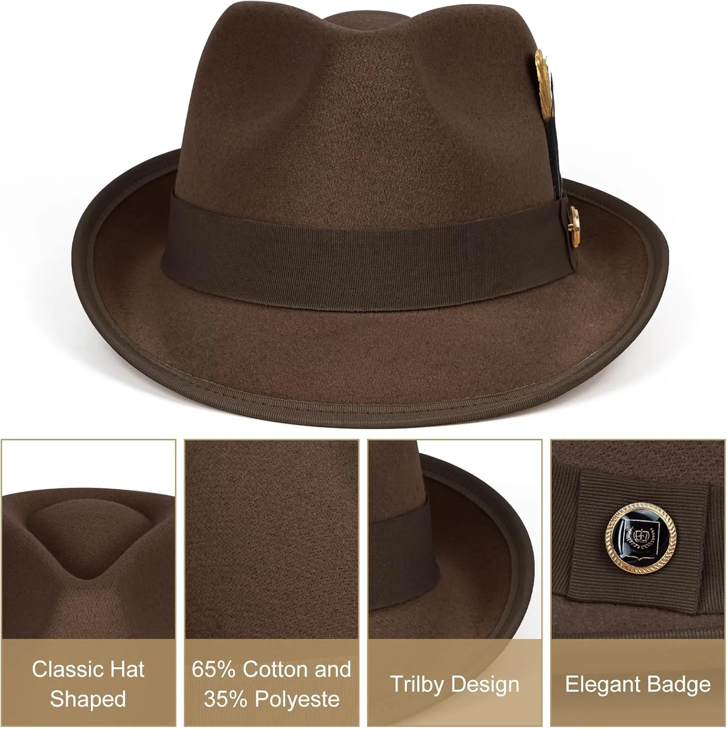 FADACHY Fedora Hats for Men & Women Short Brim Felt hat Trilby Fedora with Feather Panama Dress Hat