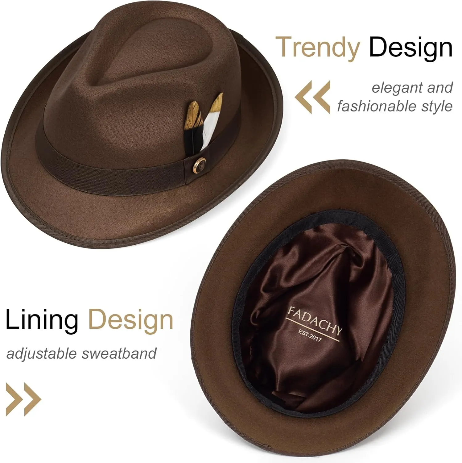 FADACHY Fedora Hats for Men & Women Short Brim Felt hat Trilby Fedora with Feather Panama Dress Hat