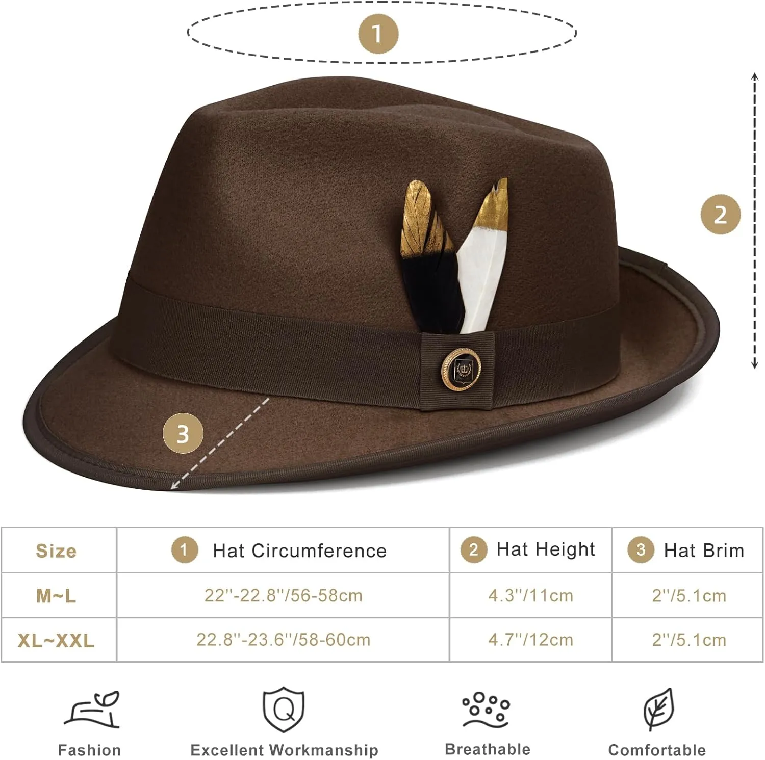 FADACHY Fedora Hats for Men & Women Short Brim Felt hat Trilby Fedora with Feather Panama Dress Hat