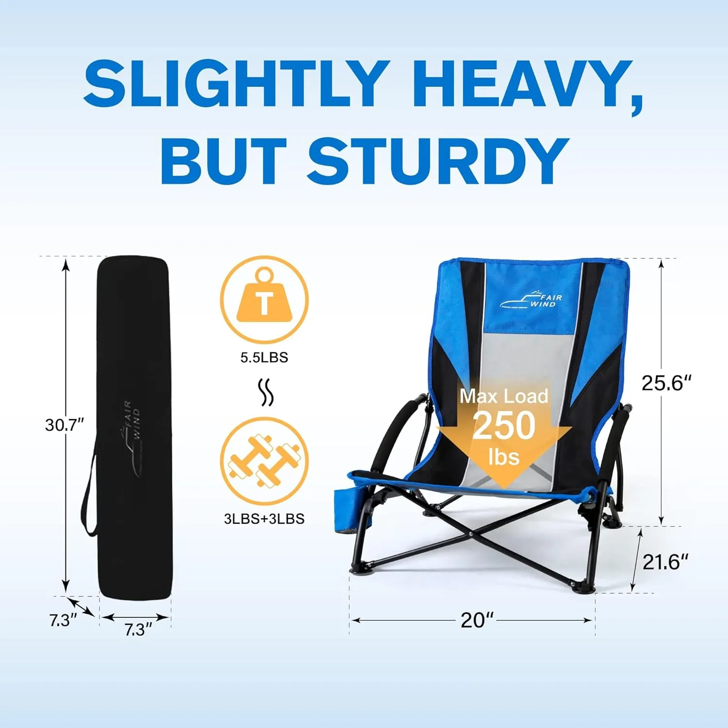 FAIR WIND 2 Pack Beach Chair with Umbrella for Adults Shade Chair Folding Backpack Portable Concert Bag Sand Chair with Cup Holder - Navy Blue with Black