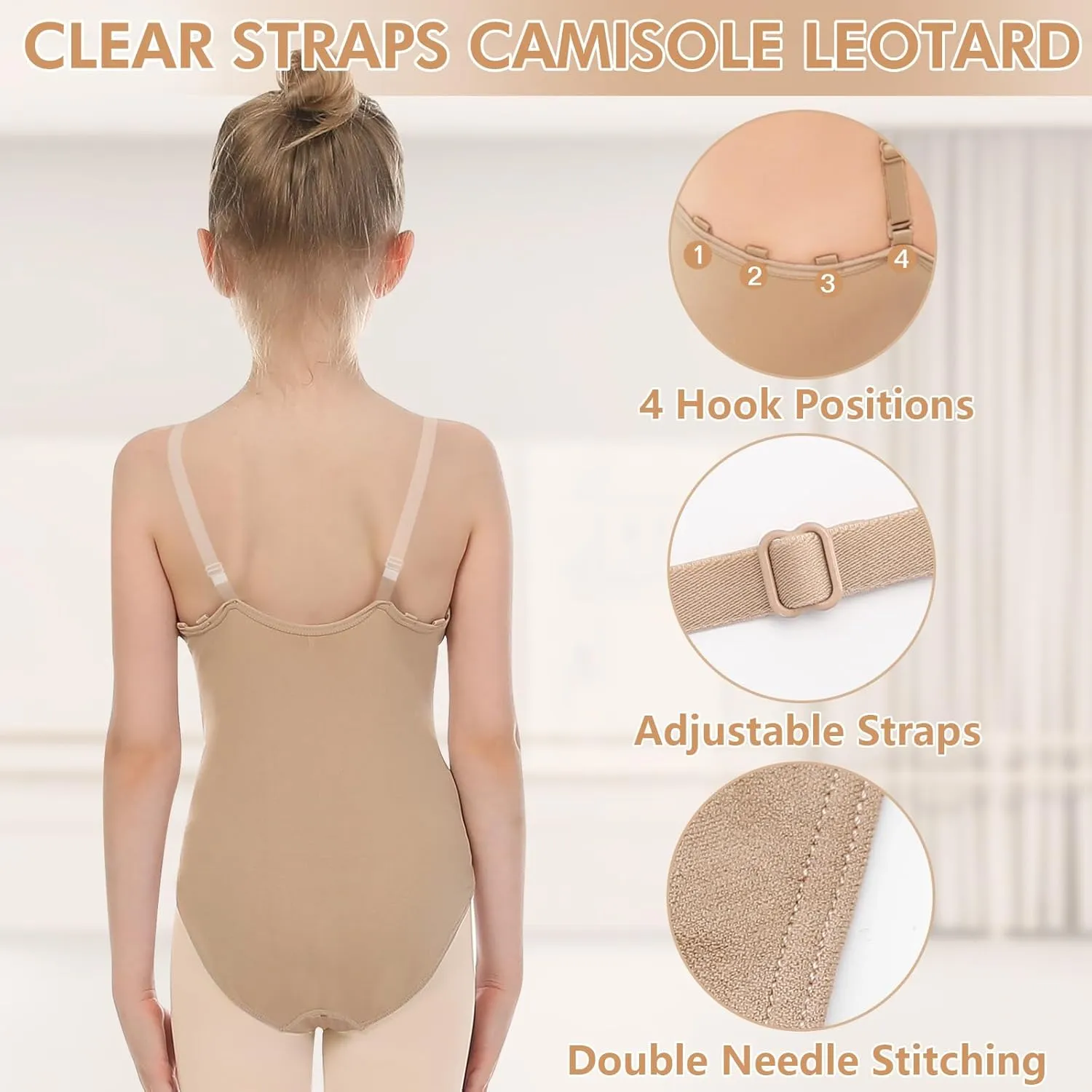 Girls Nude Leotard Seamless Camisole Leotards Undergarment for Ballet Dance Gymnastics with Adjustable Clear Straps