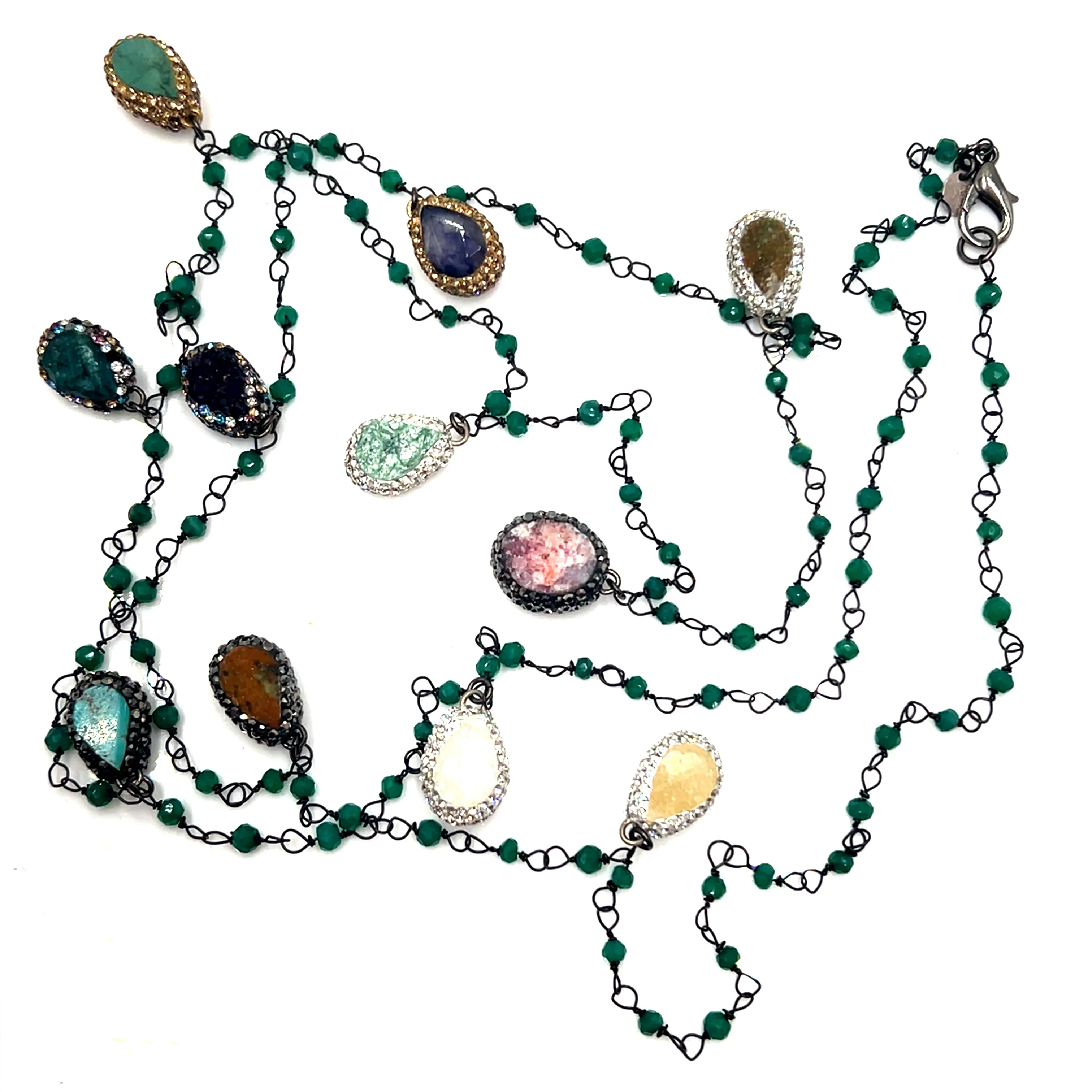 Gleaming Gemstone Green Crystal Lariat Long Necklace