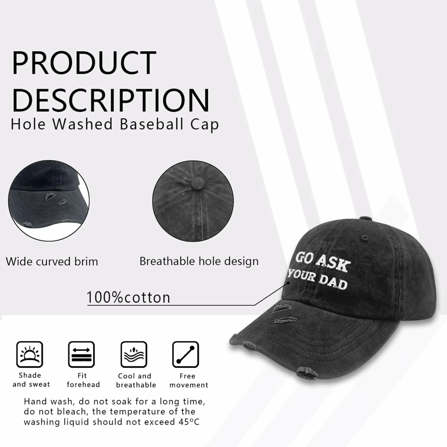 Go Ask Your Dad Hats for Men Washed Distressed Baseball Caps Vintage Washed Ball Cap Light Weight