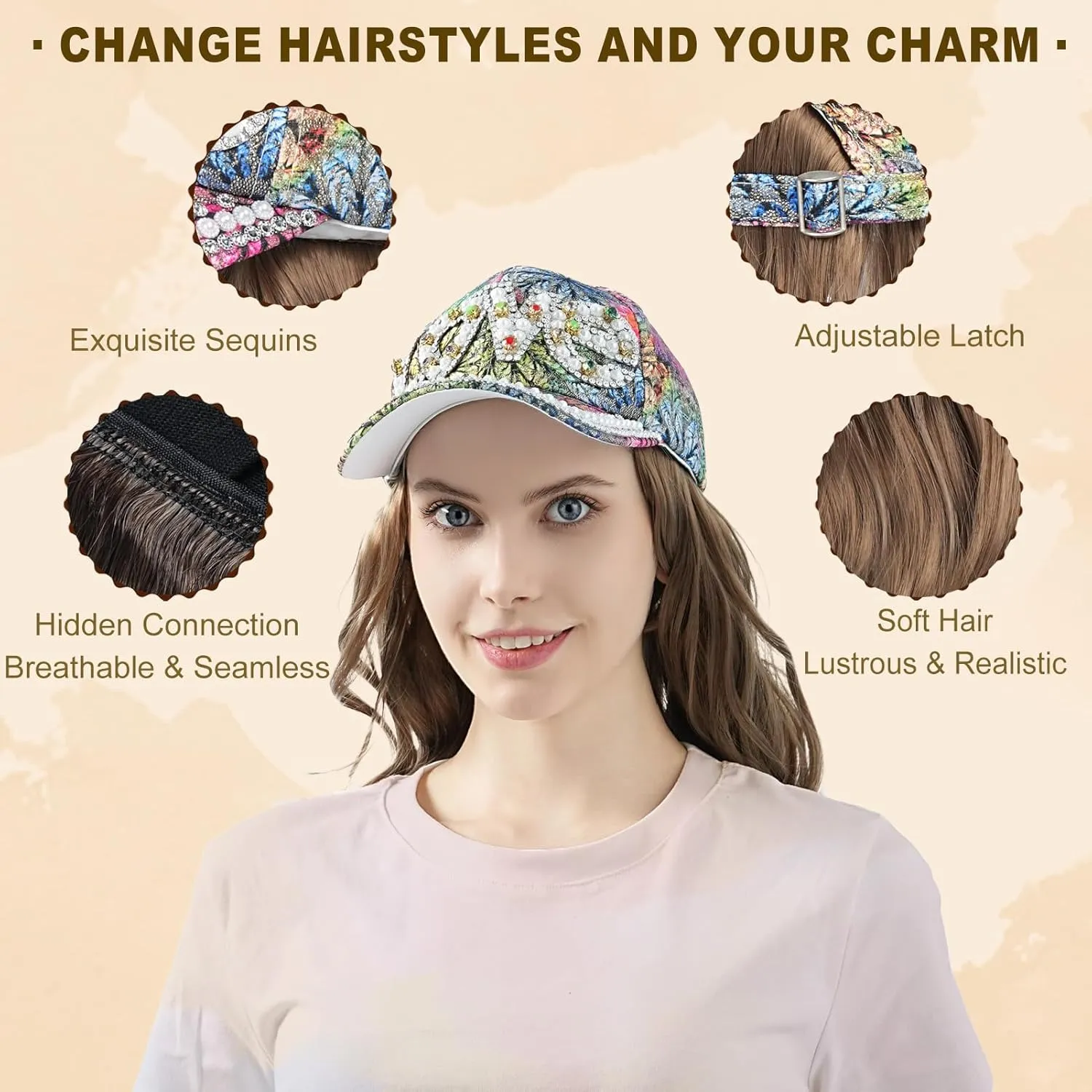 Hat Wig for Women Baseball Cap with Hair hat with hair attached for women Extensions Adjustable Hat Attached 29" Long Wavy Hairpieces Synthetic Wig