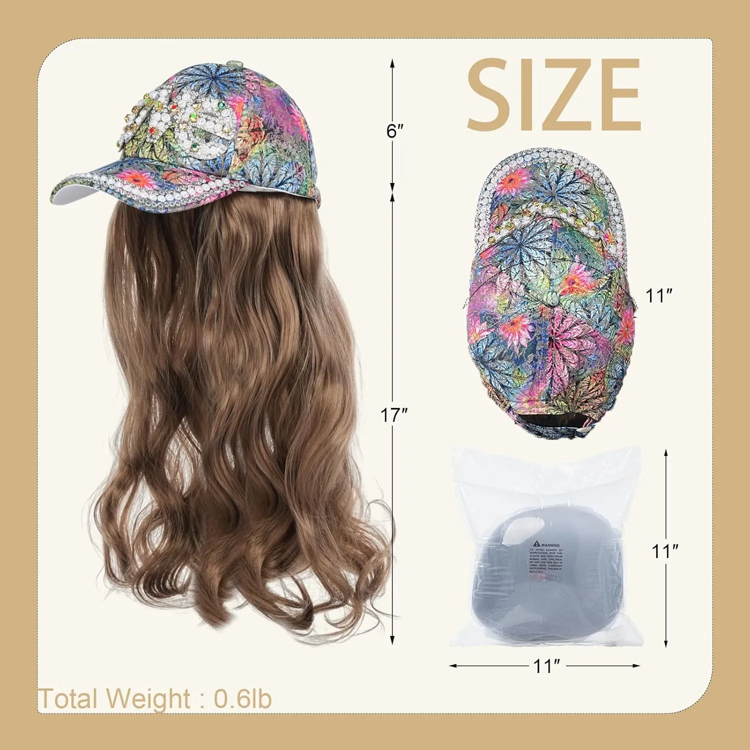 Hat Wig for Women Baseball Cap with Hair hat with hair attached for women Extensions Adjustable Hat Attached 29" Long Wavy Hairpieces Synthetic Wig