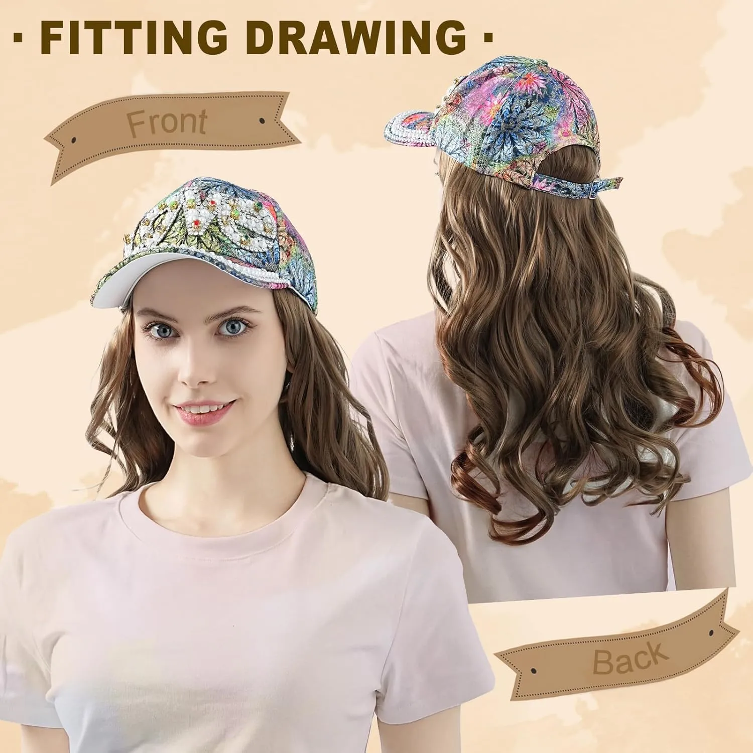 Hat Wig for Women Baseball Cap with Hair hat with hair attached for women Extensions Adjustable Hat Attached 29" Long Wavy Hairpieces Synthetic Wig