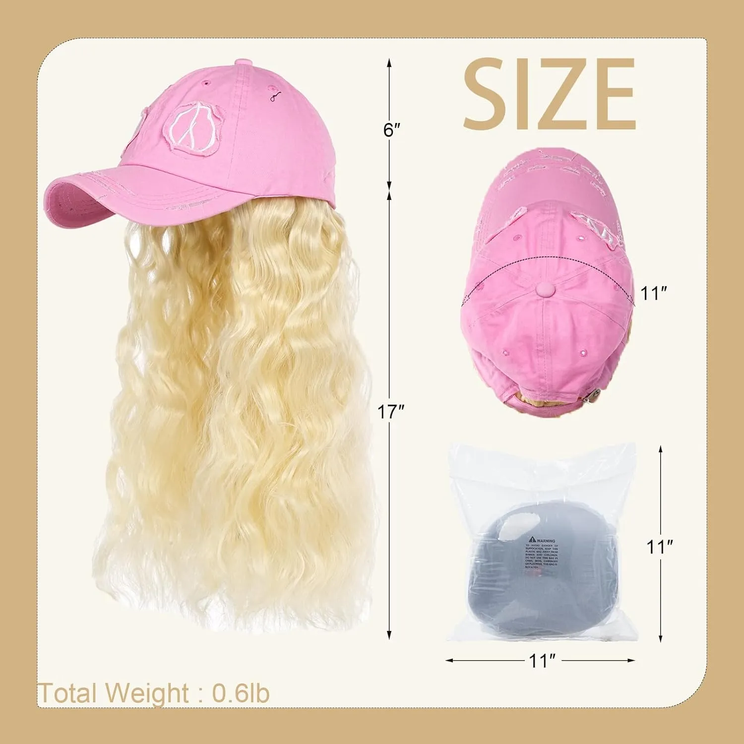 Hat Wig for Women Baseball Cap with Hair hat with hair attached for women Extensions Adjustable Hat Attached 35" Long Wavy Hairpieces Synthetic Wig