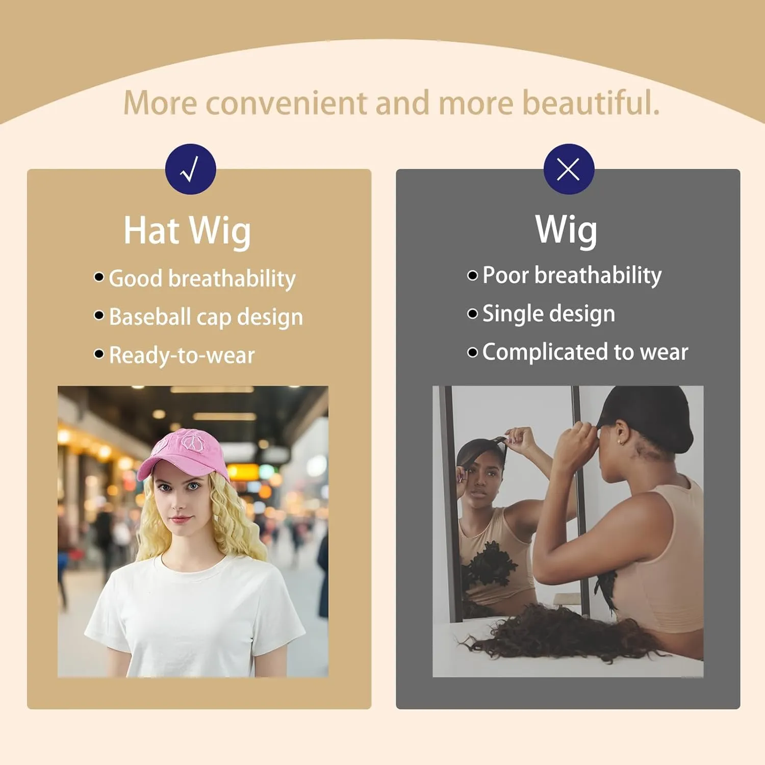 Hat Wig for Women Baseball Cap with Hair hat with hair attached for women Extensions Adjustable Hat Attached 35" Long Wavy Hairpieces Synthetic Wig