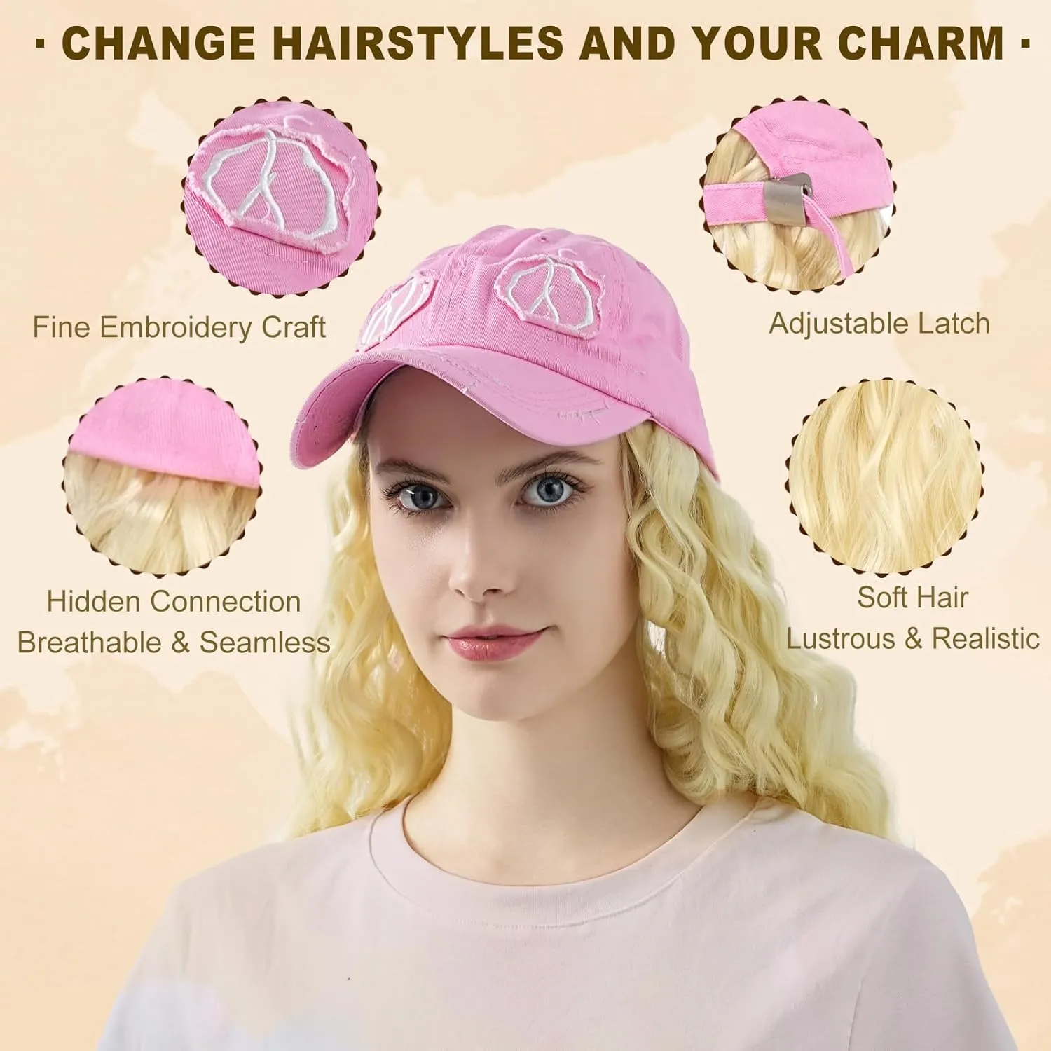 Hat Wig for Women Baseball Cap with Hair hat with hair attached for women Extensions Adjustable Hat Attached 35" Long Wavy Hairpieces Synthetic Wig