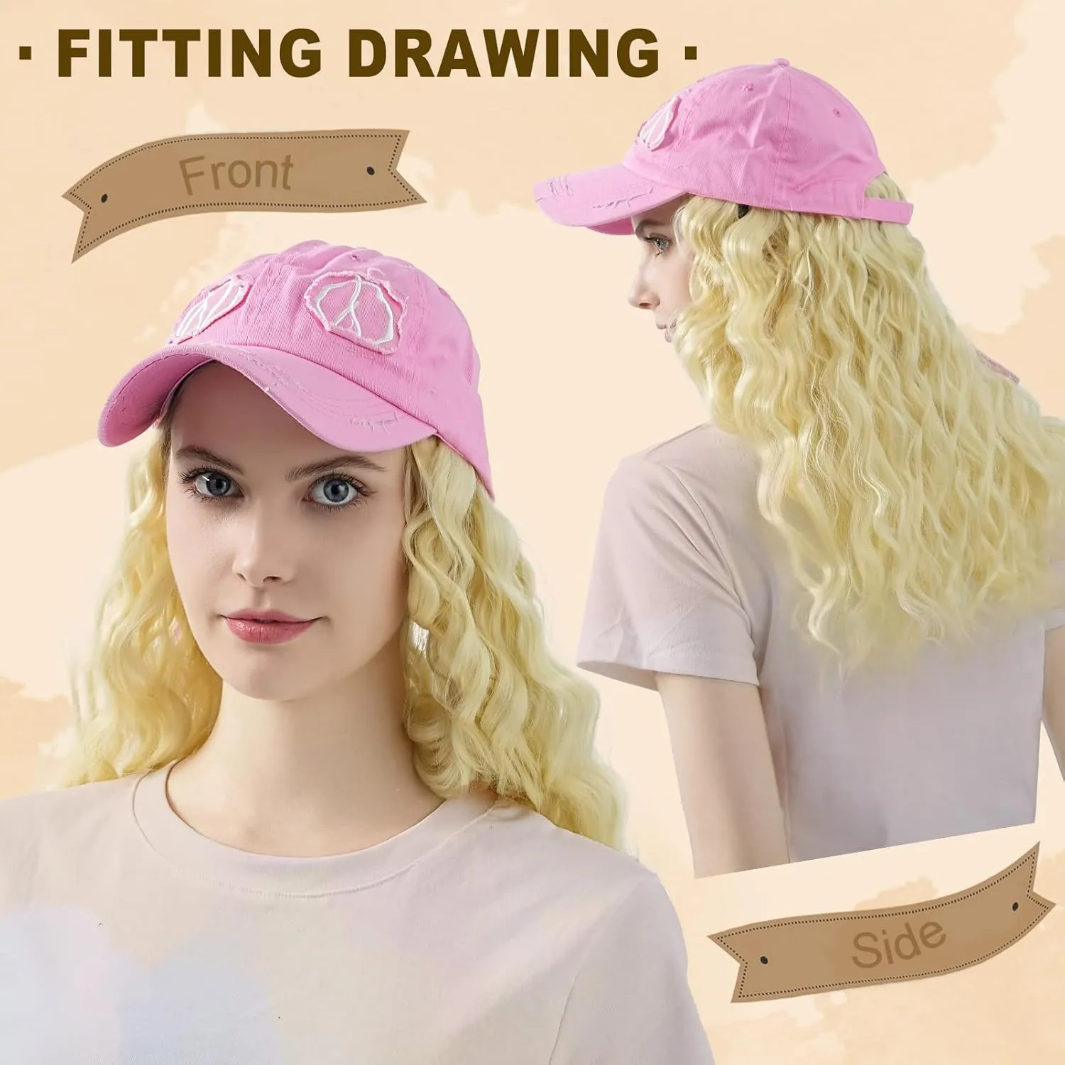 Hat Wig for Women Baseball Cap with Hair hat with hair attached for women Extensions Adjustable Hat Attached 35" Long Wavy Hairpieces Synthetic Wig