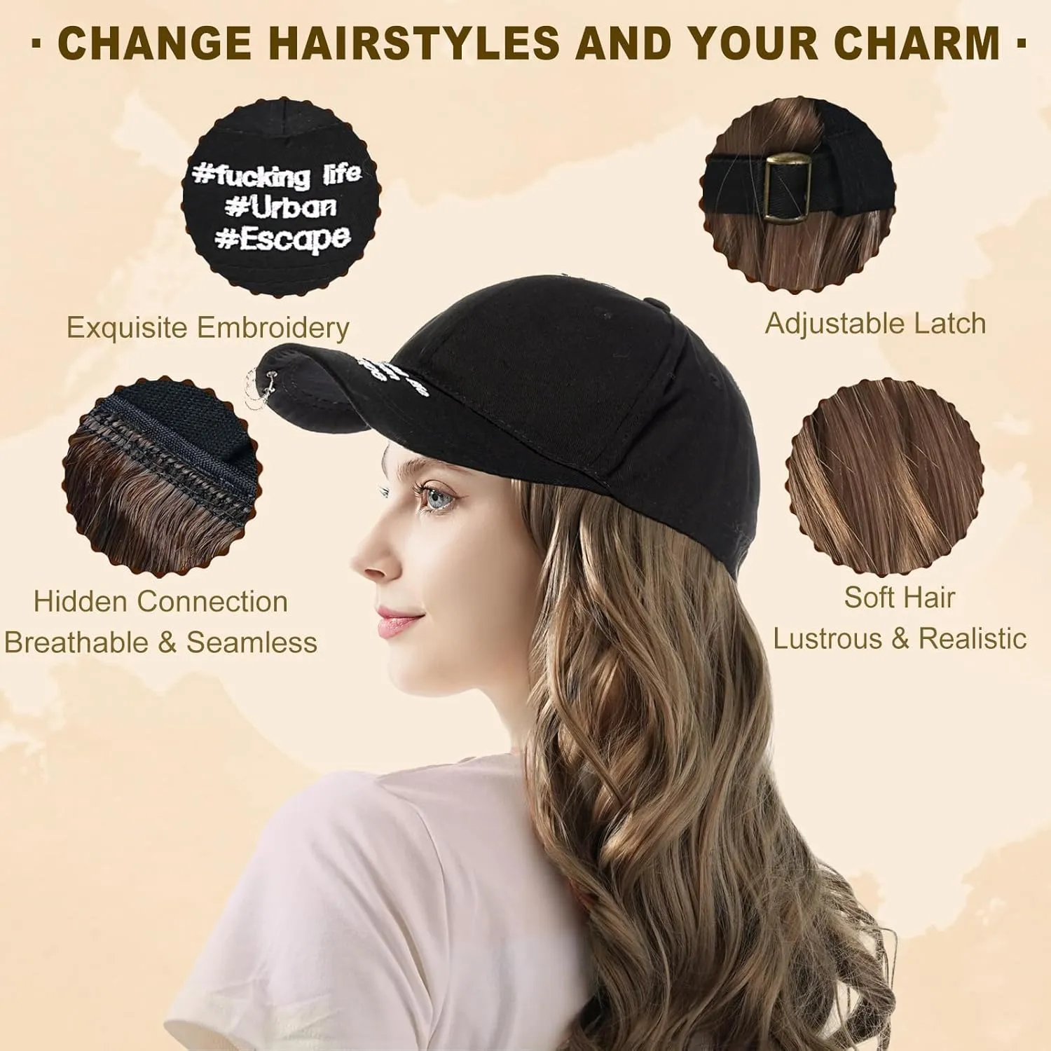 Hat Wig for Women Baseball Cap with Hair hat with hair attached for women Extensions Adjustable Hat Attached 44" Long Wavy Hairpieces Synthetic Wig