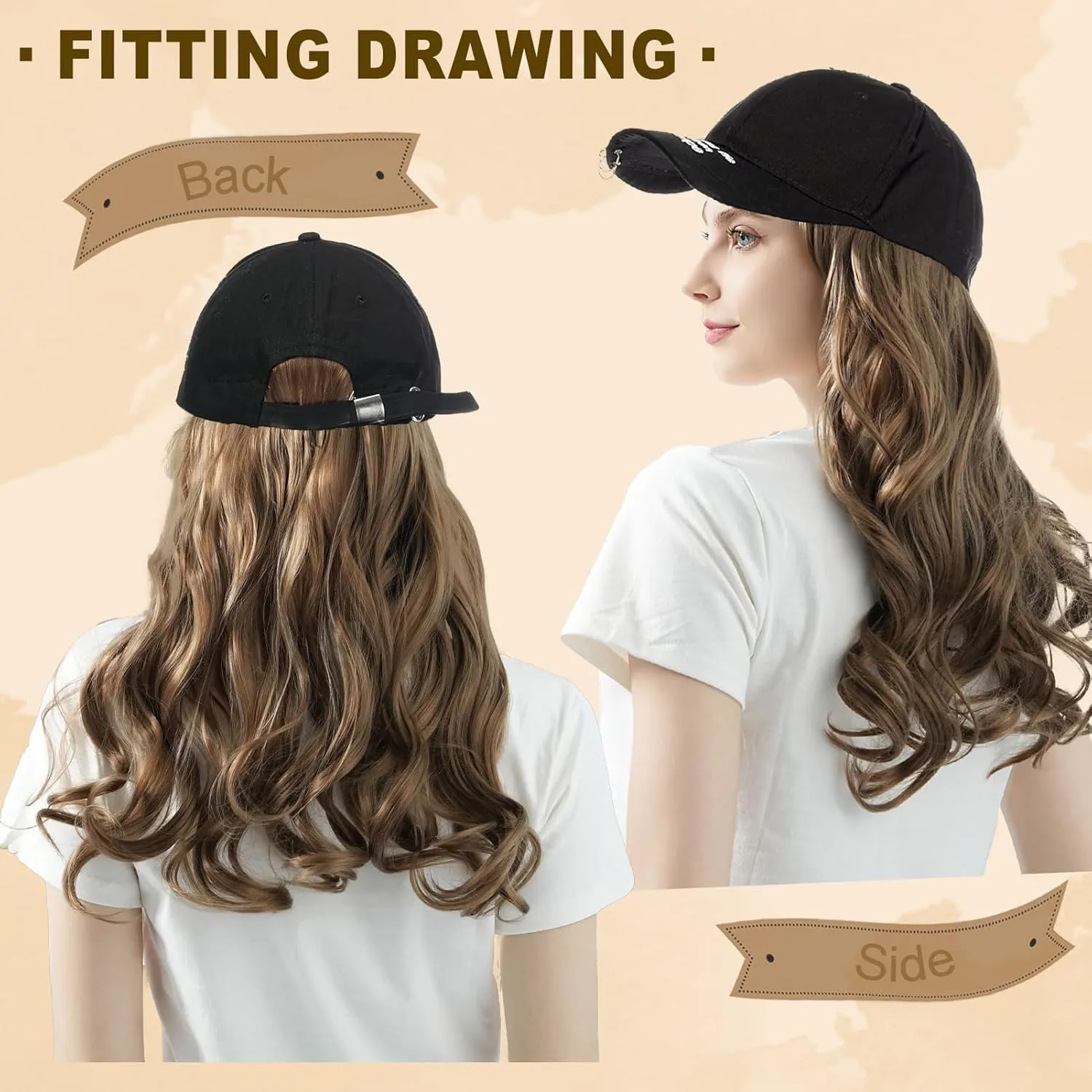 Hat Wig for Women Baseball Cap with Hair hat with hair attached for women Extensions Adjustable Hat Attached 44" Long Wavy Hairpieces Synthetic Wig