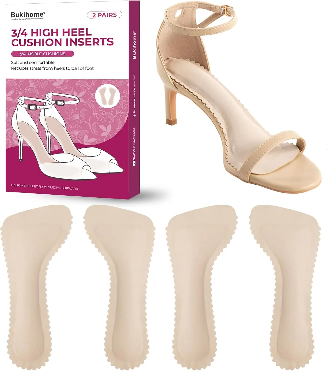High Heel Cushion Inserts for Women - Bukihome 3/4 Invisible Insoles Prevent Feet from Sliding Forward - Shock & Sweat Absorption - Comfort Shoe Pads for High Heels Sandals Flats,Size M