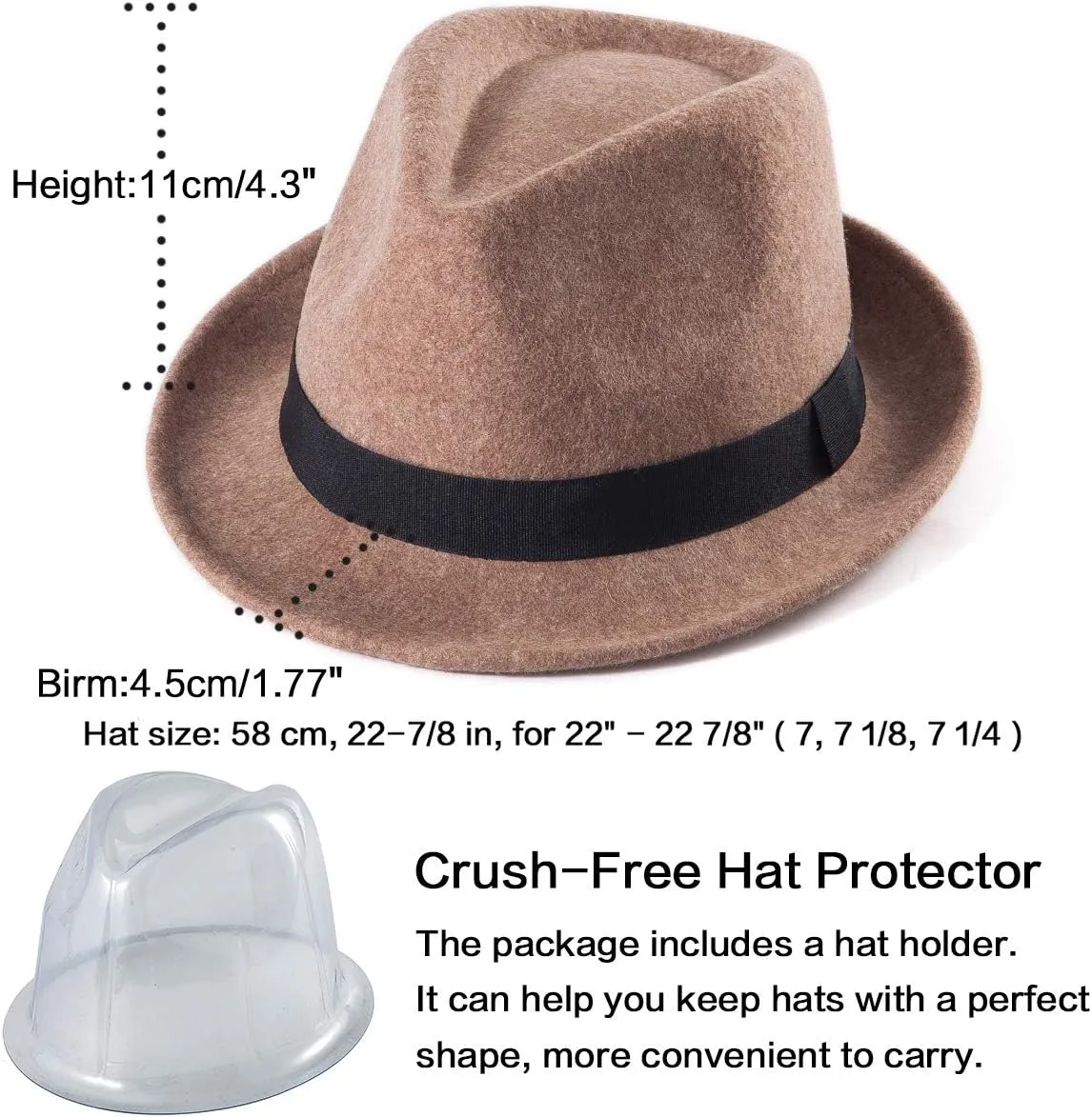 LADYBRO Straw Trilby Fedora Hat for Men 1920s Short Brim Wool Felt Panama Cap 7 1/4