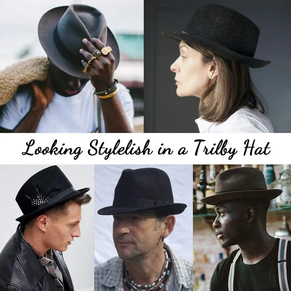 LADYBRO Straw Trilby Fedora Hat for Men 1920s Short Brim Wool Felt Panama Cap 7 1/4