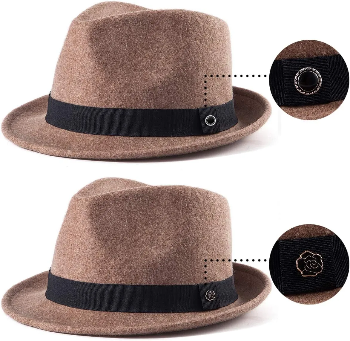 LADYBRO Straw Trilby Fedora Hat for Men 1920s Short Brim Wool Felt Panama Cap 7 1/4