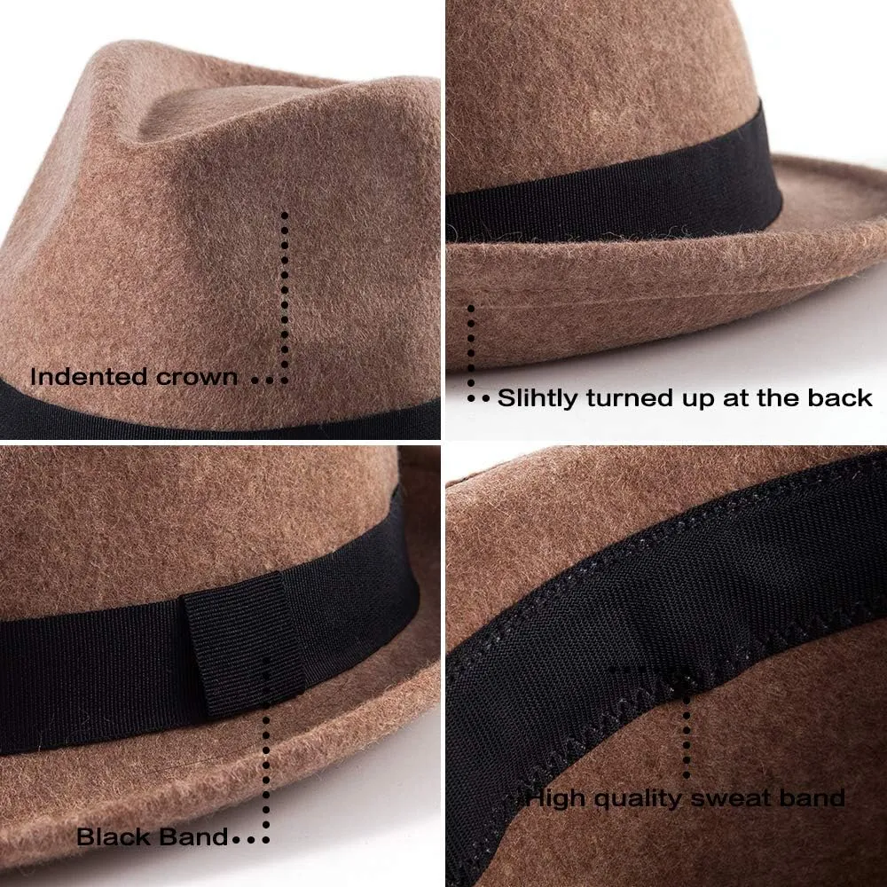 LADYBRO Straw Trilby Fedora Hat for Men 1920s Short Brim Wool Felt Panama Cap 7 1/4