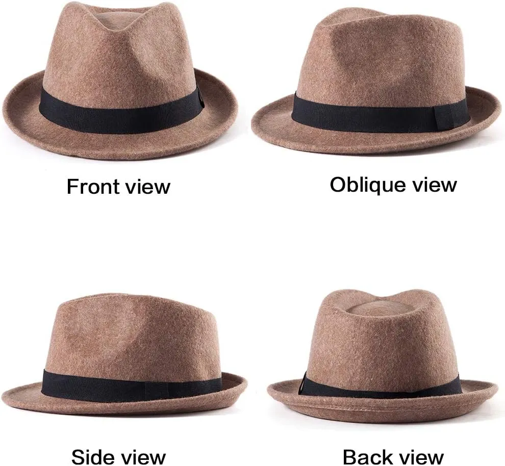 LADYBRO Straw Trilby Fedora Hat for Men 1920s Short Brim Wool Felt Panama Cap 7 1/4