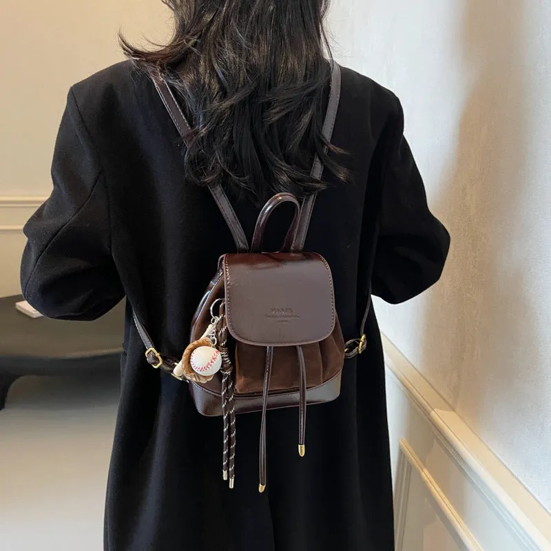 Light Brown Vintage Suede Women's Mini Backpack - New Fashionable Travel Book Bag with Decorative Charm