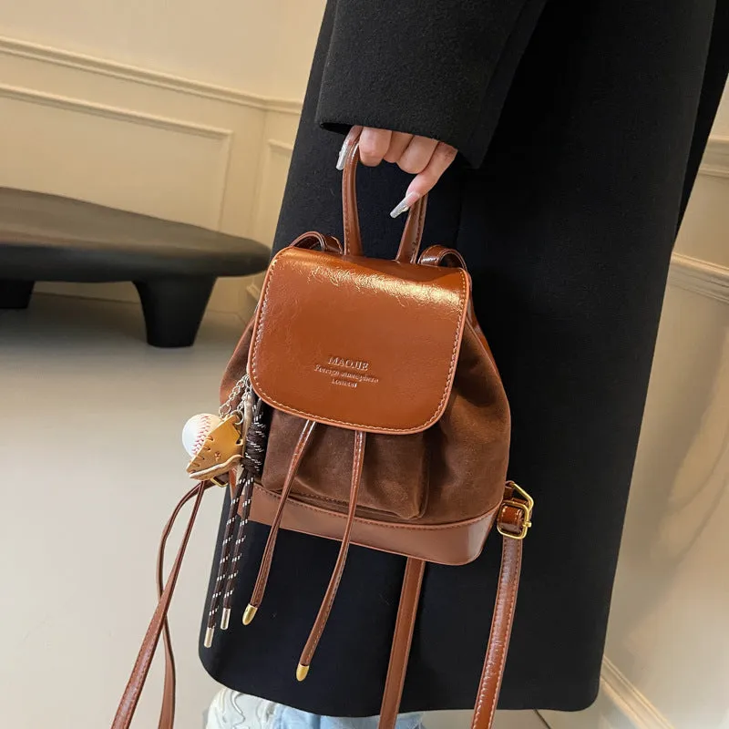 Light Brown Vintage Suede Women's Mini Backpack - New Fashionable Travel Book Bag with Decorative Charm