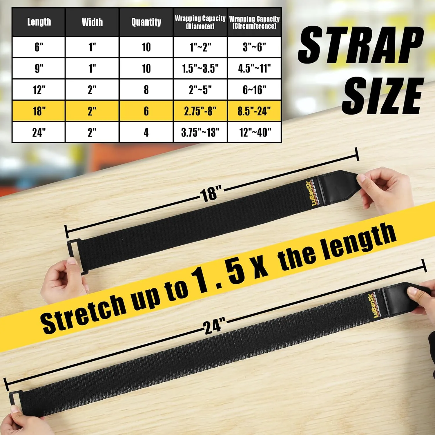 LuBanSir Cinch Straps - 2" x 18" (6 Pack) Elastic Hook and Loop Storage Straps with Buckle for Bicycle, Truck, Boat and More for Extension Cords, Ropes, Hoses Organization - Black
