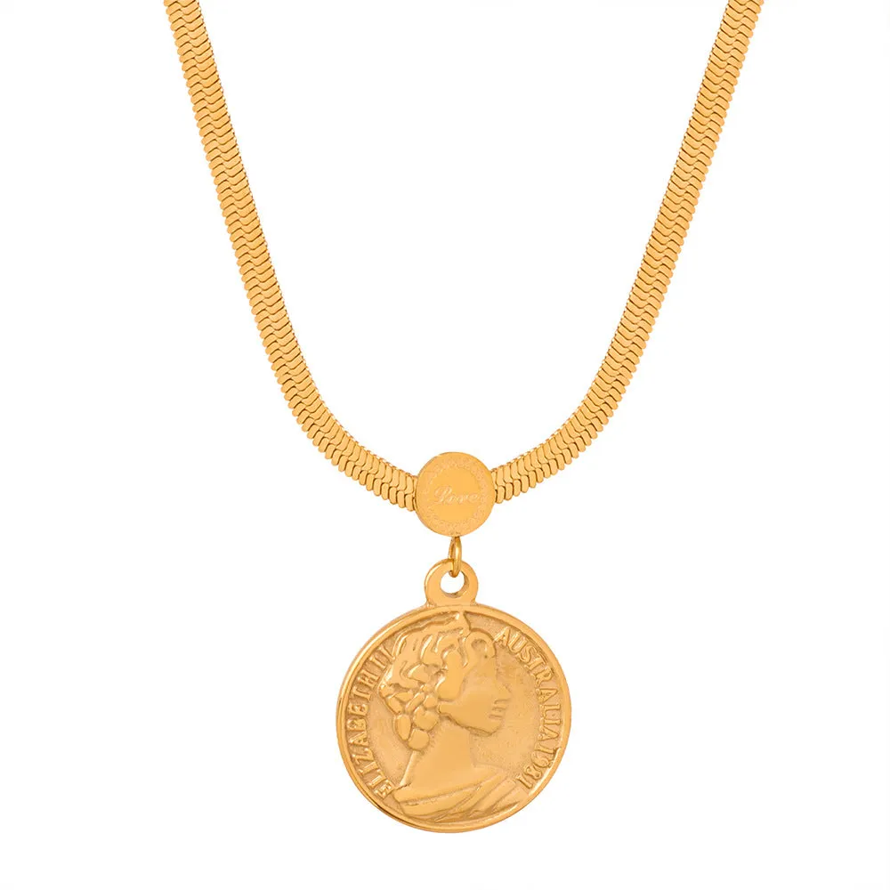 Luxurious Titanium Steel Gold-Plated Portrait Medallion Pendant Necklace for Fashionable Women
