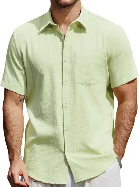 Mens Cotton Linen Shirts Casual Button Down Short Sleeve Shirt Vacation Beach Summer Hawaiian Shirt with Pocket